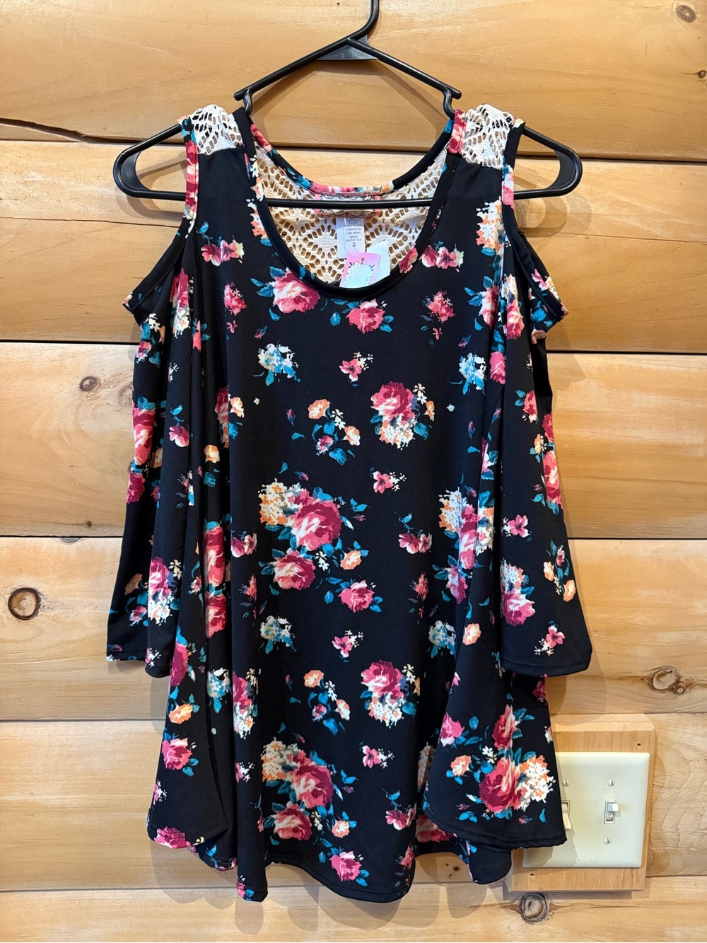 Women’s Black Floral Cold-Shoulder Top with Crochet Trim